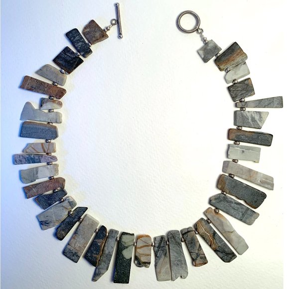 Handmade Jasper Stone Slab Statement Bib Necklace with Silver Beads & Toggle - Picture 1 of 5